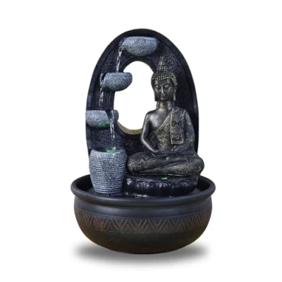 Bild av Harmoni Buddha fontän för inomhusbruk vattenfontän med 2 färgglada LED lampor tyst pump avtagbar statyett presentidé Zen och avkopplande atmosfär höjd: 40 cm Zen&#039;Light
