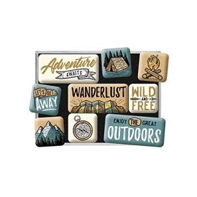 Bild av Nostalgic Art Kylskåpsmagneter i retrostil, Outdoor Adventure Presentidé för campingfans, Magnetset magnettavlor, Deko vintagedesign, 9 stycken