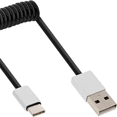Bild av InLine 35872 USB 2.0 spiralkabel, Type C kontakt till A kontakt, svart/aluminium, flexibel, 2 m