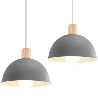 Bild av iDEGU Set med 2 ljuskronor, pendellampor, modern stil, halvcirkel taklampa, E27 i trä, metall, hängande lampa för sovrum, matsal, kök, Ø 20 cm (2 pack grå)