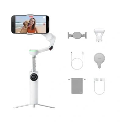 Bild av Insta360 Flow 2 Pro Creator Bundle White Vikbar AI telefon Gimbal, Apple DockKit, 360º Pan spårning, fritt lutningsläge, inbyggt stativ/selfiepinne, bärbar vlog/resesStabilisator, spotlight, MagSafe