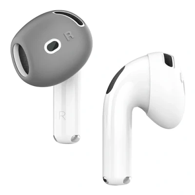 Bild av elago 2 par AirPods 4 öronmuffar designade för 4, [passande fodral] halkfritt silikonfodral, repbeständigt, installationshandbok (1 vardera) (mörkgrå/vit)