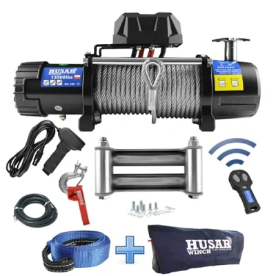 Bild av Husar Winch Elektrisk Vinsch 13500 lbs 6124 kg 12V med 22 m x 9,5 mm Stålrep, Trådlös Fjärrkontroll, 3 Stegs Planetväxellåda, Perfekt För Terrängfordon, 4x4 fordon, OFF ROAD + GRATIS TILLBEHÖR