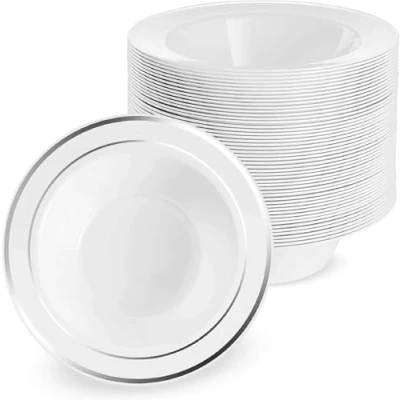 Bild av MATANA 25 premium vita plastskålar med silverkant, 360 ml robusta och återanvändbara soppskålar, dessertskålar för bröllop, födelsedagar, picknick, buffé, catering, fester