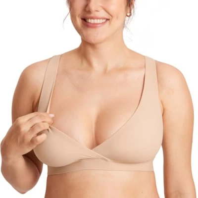 Bild av MOMANDA Obart amnings BH för kvinnor ingen bygel brottarrygg sömlös moderskap bralette dopp sömn amning BH, Beige vete, M