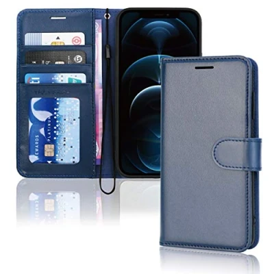 Bild av TECHGEAR iPhone 12 Pro Max plånboksfodral i läder, flipfodral med korthållare för plånbok, stativ och handledsrem blått PU läder magnetisk stängning designat
