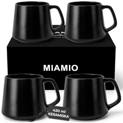Bild av MIAMIO Kaffemuggar Set med 4 / Stora Keramiska Kaffekoppar (420 ml) Mugg för Cappuccino, Te, Espresso Mikrovågsugn och Diskmaskinsäker Luxe Collection (Svart)