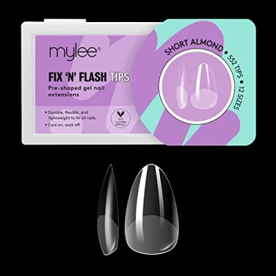 Bild av Mylee Fix &amp; Flash Soft Gel Tips, korta mandelformade, heltäckande mjuka gelnagelspetsar, gelnagelförlängningar, flexibla och resistenta, 12 olika storlekar, 552 st., passar alla naglar