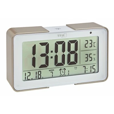 Bild av TFA Dostmann 60.2540.53 Melody radioväckarklocka, med olika väcksignaler (melodier, djurljus, larm), 14 x 4 8 cm, vit/champagnefärger, plast