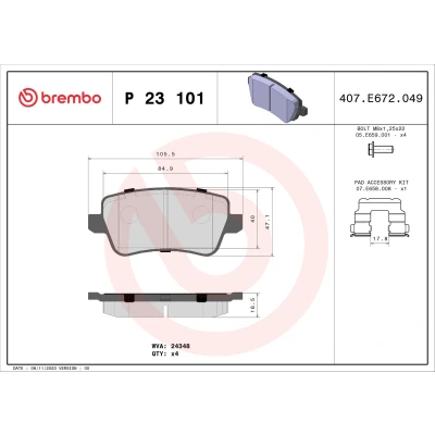 Bild av BREMBO P 23 101 Jeu de plaquettes frein contact signal d&#039;usure exclu avec vis d&#039;étrier accessoires FIAT: Croma II Break