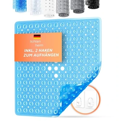 Bild av LICHTENHEIM Duschmatta, halkfri, känslig 53 x cm inkl. 2 krokar badkarsmatta halkfri matta, badkar, BPA fri badmatta, mögelresistent och tvättbar (blå transparent)