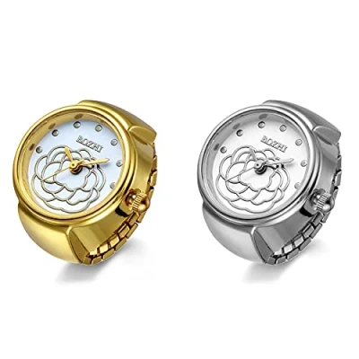Bild av JewelryWe fingerklocka för kvinnor och män, rund analog kvartsringklocka, justerbar storlek, 2 stycken