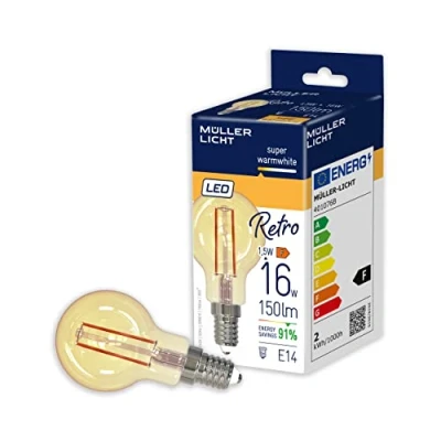 Bild av Müller Licht retro LED G45 glödtråd droppform E14 guld, 2,2 W ersätter 16 W, nostalgisk supervarm vit (2000 K) ljus för en mysig atmosfär, inte dimbar, 15 000 h livslängd, 401076