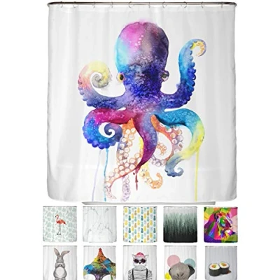 Bild av arteneur® Duschdraperi, mögelbeständigt, 180 x 200 cm, återvunnet med Oeko Tex standard 100, viktad fåll, ogenomskinligt, vattentätt, tvättbart, 12 ringar och e bok, bläckfisk i akvarellfärger