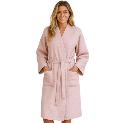 Bild av Morgenstern Dam Morgonrock Lyx Våffelmönstrad 100% Bomull Rosa XL
