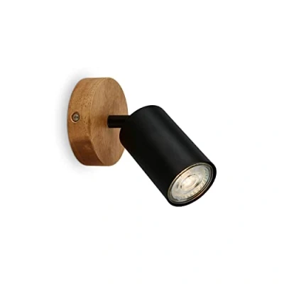 Bild av BRILONER vägglampa retro med trä, vintage, GU10 fäste, justerbar spot, rustik väggspot, svart 90x85 mm