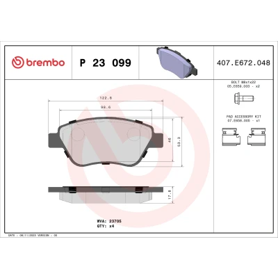 Bild av BREMBO P 23 099 Jeu de plaquettes frein contact signal d&#039;usure exclu avec vis d&#039;étrier accessoires FIAT: Idea, 500 3 portes