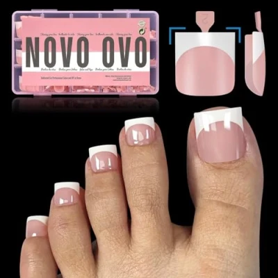 Bild av NOVO OVO vass fyrkantiga fotnaglar för att klistra på, BABYPINK konstgjorda tånagelspetsar, limning, tånaglar, x 15 storlekar 240 stycken