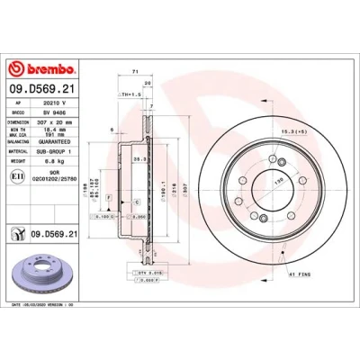 Bild av BREMBO 09.D569.21 Disque de frein 307 20 5 ventilé l&#039;intérieur revêtu SSANGYONG: Stavic SUV, RODIUS I, 2