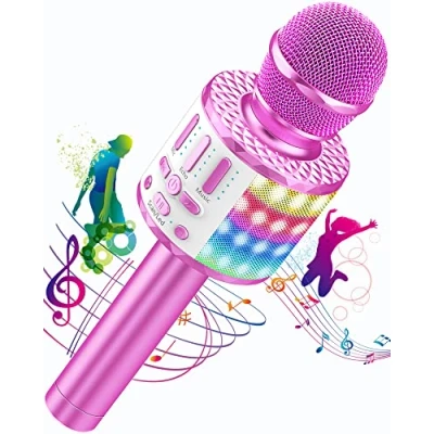 Bild av Bluetooth karaokemikrofon, bärbar barn, karaoke med LED högtalare, röstbyte, trådlös karaokemikrofon för att sjunga KTV, utomhus, fest, flickor, familjenöje, leksak, present