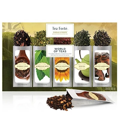 Bild av Tea Forte Single Steeps Loose Leaf Sampler, Assorted Variety Te Box, 15 Serve påsar (Sampler World of Teas)
