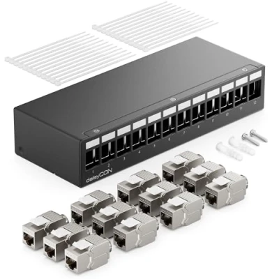 Bild av deleyCON 12 Port Patch Panel Set Field Distribution 1U + 12x RJ45 Keystone Jack Module STP CAT6a Kompatibel med Läggningskabel CAT5 CAT6 CAT7 Nätverkskabel Ethernet LAN DSL Svart