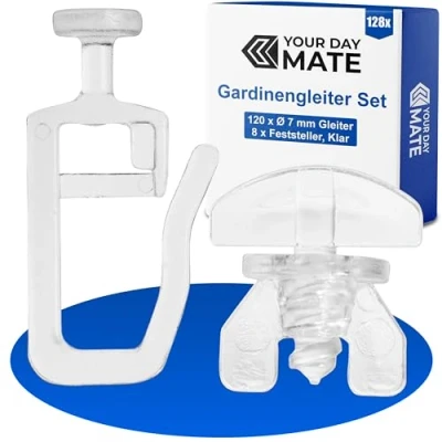 Bild av Your Day Mate Gardiner för inomhusskenor, 128 pack, med 7 mm runt huvud, inkl. 8 x gardiner, lås, transparent, skrynkliga glider gardinskenor, draperiglidare, gardin rulle