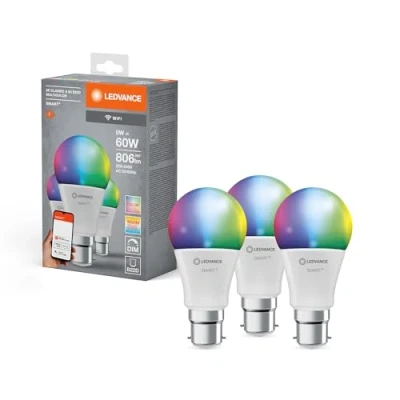 Bild av LEDVANCE smart LED lampa med WiFi teknik, B22d bas, matt optik ,RGBW färger som kan ändras, ljusfärg ändras (2700K 6500K), 806 Lumen, ersätter 60W belysningsmaterial dimbar, 3 Pack