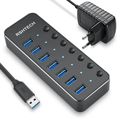 Bild av RSHTECH10W Powered USB 3.0 Hub 7 Port Aluminium för dataöverföring med 5V/2A Stroemförsörjning Individuella och LED indikatorer MacBook, Mac OS, Windows, XP, Linux (RSH 518）