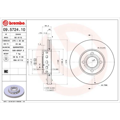 Bild av BREMBO 09.5724.10 Disque de frein 276 25 4 ventilé l&#039;intérieur AUDI: 80 B4 Avant, Cabriolet B4, Berline