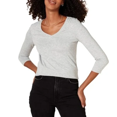 Bild av Amazon Essentials Women&#039;s V ringad T shirt klassisk passform med kvartsärmar (finns i plusstorlek), Ljusgrå ljung, XS