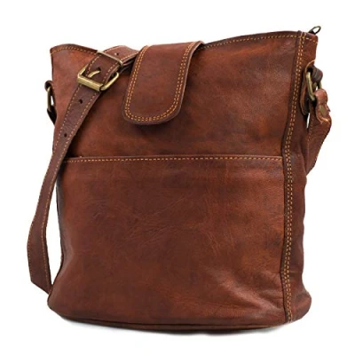 Bild av LEABAGS Nicola damhandväska av äkta läder I vintagelook axelväska läderväska axelväska, BRUN, M