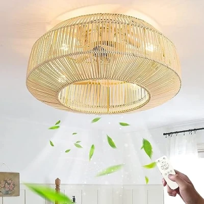 Bild av E27 takfläkt med ljus och fjärrkontroll, retro tyst fläkt, taklampa vintage rotting bambu, sovrum lampa, industriell takbelysning för vardagsrum, matsal, fläktlampa
