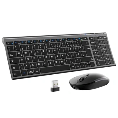 Bild av IClever GK03 2,4 G tangentbord mus set trådlöst, aluminium trådlöst smalt QWERTZ layout (tyska för dator/stationär dator/laptop/yta/Windows 10/8/7/Vista/XP (2,4 GHz, USB)