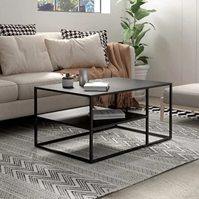 Bild av [en.casa] soffbord, Solund, sidobord, metall, svart, matt, vardagsrumsbord med förvaringsutrymme, 45 x 90 60 cm, rektangulärt soffbord