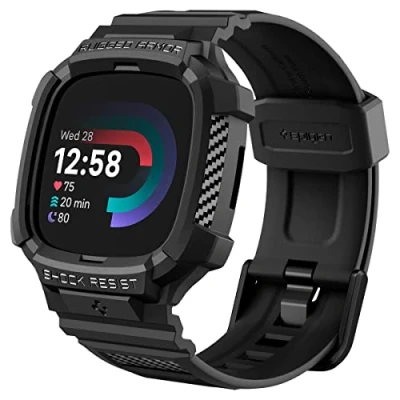 Bild av Spigen Rugged Armor Pro fodral och armband kompatibelt med Fitbit Versa 4/Fitbit Sense 2 svart