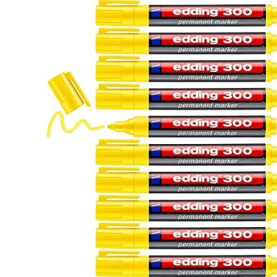 Bild av edding 300 permanentmarkörer gul 10 pennor rund spets 1,53 mm vattentät, snabbtorkande torkbeständig för kartong, plast, glas, trä, metall, glas