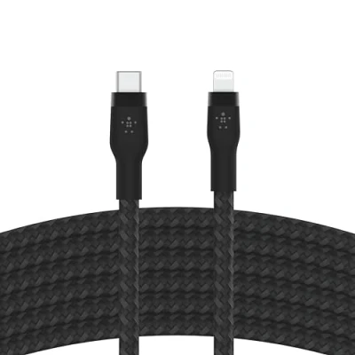 Bild av Belkin BoostCharge Pro Flex flätad USB typ C till Lightning kabel (3 m) MFi certifierad 20 W snabbladdande PD strömförsörjning för iPhone 14/14 Plus, 13, 12, Pro, Max, Mini, SE, iPad med mera svart