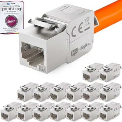 Bild av 16x HB DIGITAL Cat.6a Keystone RJ 45 jack frontalmodul upp till 500 MHz 10Gbit/s fullt skärmad verktygslös Cat6a cat6 STP kvinnlig nätverksuttag för patchpanel installationskabel Ethernet LAN