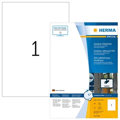 Bild av HERMA 9543 väderbeständiga folieetiketter A4 (210 x 297 mm, 40 ark, polyeten, matt) självhäftande, utskrivbara, extremt stark häftande utomhus filmetiketter, klistermärken, vit