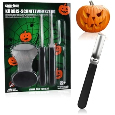 Bild av com four® 4 delad pumpa snideri set för Halloween skärverktyg urholkade pumpor rostfritt stål verktyg sked, piercer, såg, skrapa (4 delar svart)