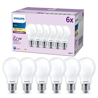 Bild av PHILIPS LED Classic multipack: 7W (60W), E27, A60, Varmvitt 2700 Kelvin, Frostat glas, 806 lumen, Ej dimbar, 15000 timmar livslängd, 6 pack Vit, 929001243096