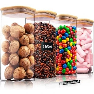 Bild av Deco haus® Återanvändningsbara Förvaringsburkar Glasburkar med Lock Set om 4 1600ml Lufttäta, för Diskmaskin, Mikrovågsugn Teburkar, Kakburkar, Kryddburkar osv. 4x 21 cm Höjd, 10