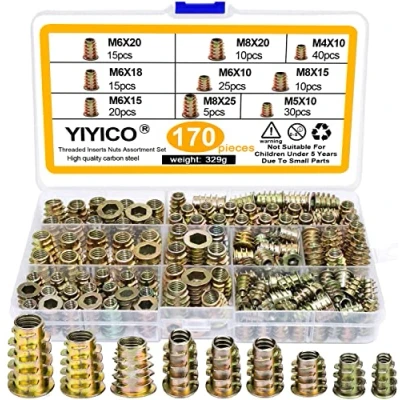 Bild av Gänginsats för träskruv, gängade muttrar, M4, M5, M6, M8, M10, zinklegering, rampamuffar, sortiment trämöbler (170)