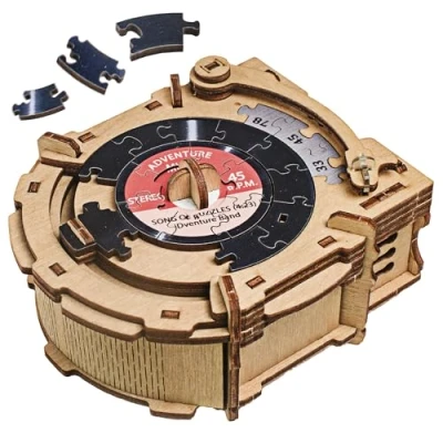Bild av iDventure Cluepuzzle Record Player Pusselbox med pusselpussel Escape Room spel presentförpackning skattkista 3D träpussel sekventiellt pussel för vuxna pengagåva