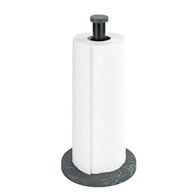 Bild av WENKO Hushållspappershållare marmor, stående hållare för köksrullar i elegant marmorutseende köket, med plastgolv och svart metallstång (B x D H): Ø 15 32 cm,