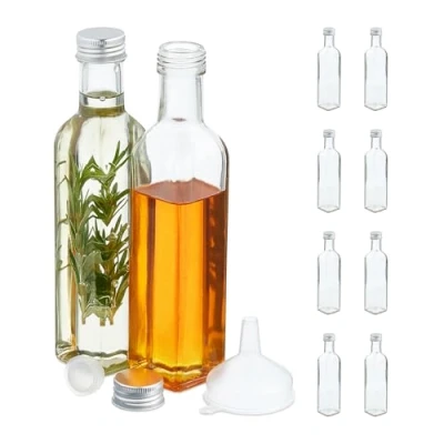 Bild av Relaxdays flaskor för fyllning, uppsättning om 16 tomma glasflaskor, likör, olja, juice, snapsflaskor, 250 ml, transparent
