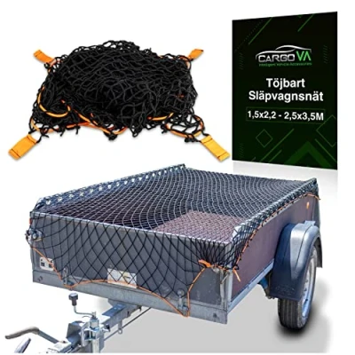 Bild av CargoVA® Intelligent trailer net stretchable 1,5x2,2 till 2,5x3,5 M elastiskt svart med gummiband och hörnmarkering för perfekt lastsäkring.