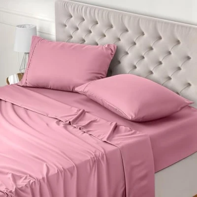 Bild av Utopia Bedding 4 Delat Sänglakanset 180x200 Enkel Skötsel Mjukt Borstat Mikrofibertyg Platt Lakan, Dra på lakan Med 2 Örngott 50x75, Rosa