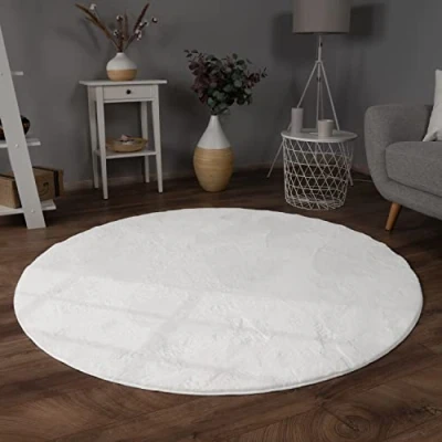 Bild av Paco Home Matta Vardagsrum Konstfäll Plysch Ryamatta Mjuk Tvättbar, Storlek:120 cm Runda, Färg:Vit